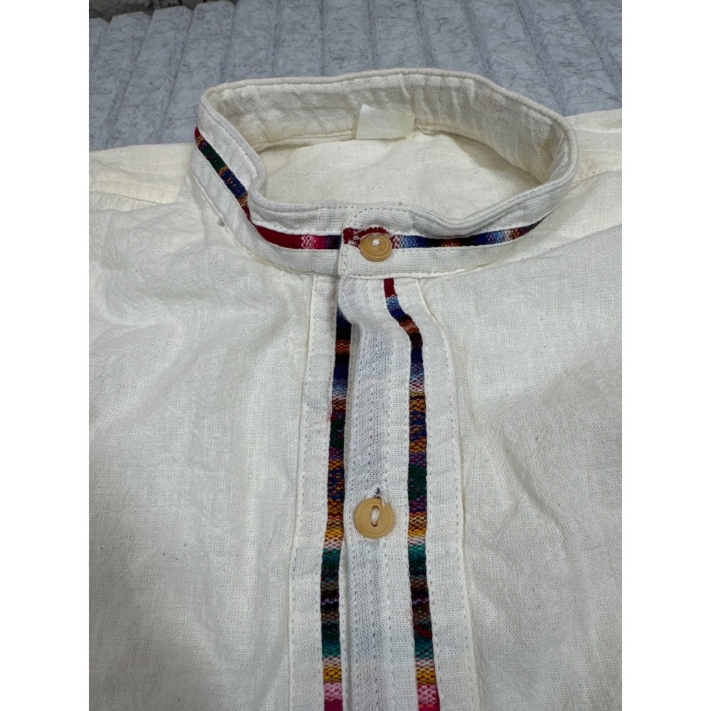 Handmade‎ Ecuador Cotton Mandarin Collar Shirt Cream Multi-Color Trim Size 42 L